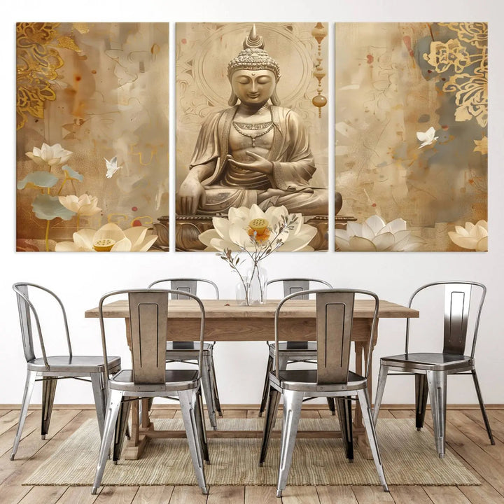 A peaceful Buddha Wall Art Canvas Print enhances the dark wall, creating an atmosphere of mindfulness.