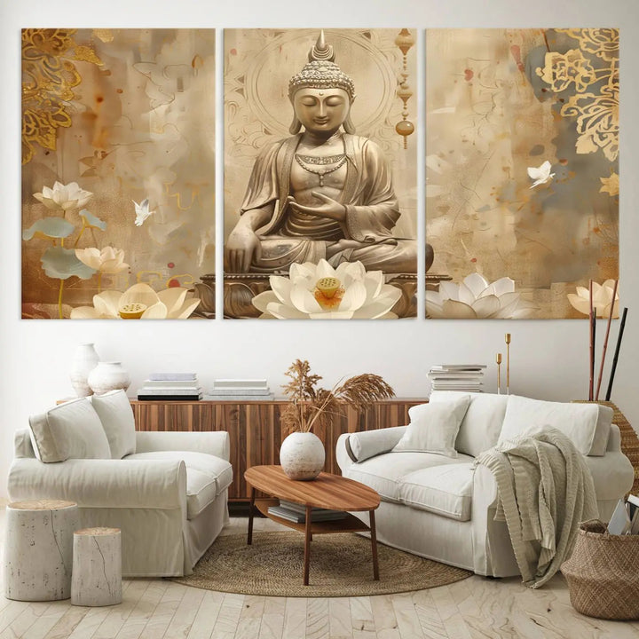 A peaceful Buddha Wall Art Canvas Print enhances the dark wall, creating an atmosphere of mindfulness.