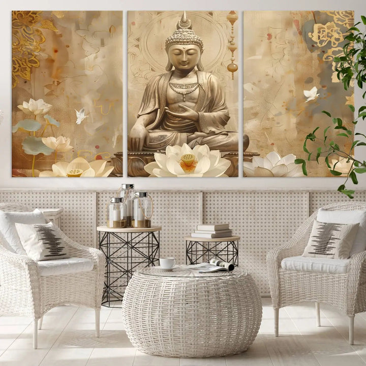 A peaceful Buddha Wall Art Canvas Print enhances the dark wall, creating an atmosphere of mindfulness.