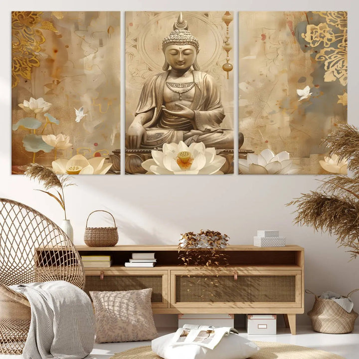 A peaceful Buddha Wall Art Canvas Print enhances the dark wall, creating an atmosphere of mindfulness.