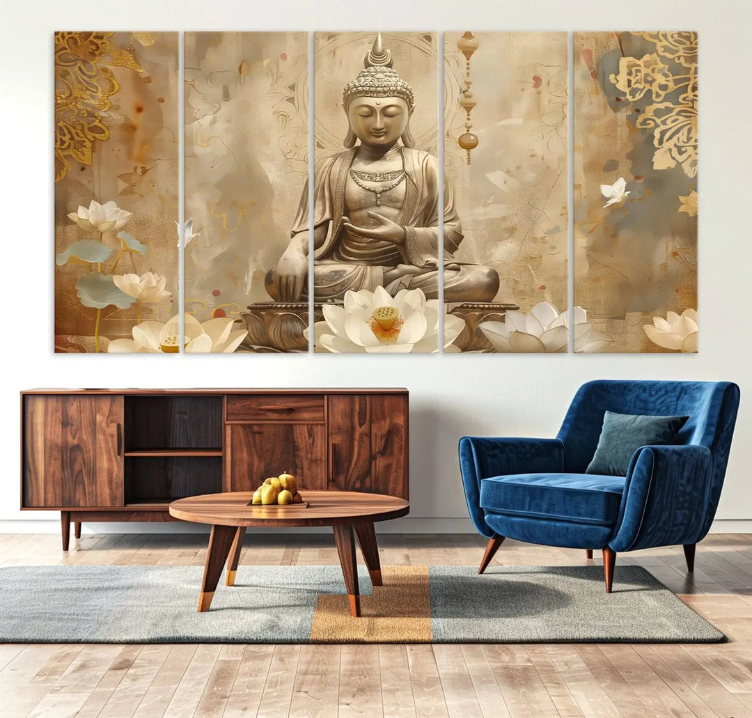 A peaceful Buddha Wall Art Canvas Print enhances the dark wall, creating an atmosphere of mindfulness.