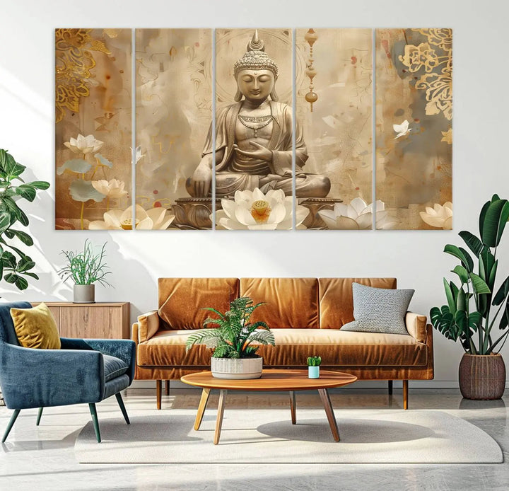 A peaceful Buddha Wall Art Canvas Print enhances the dark wall, creating an atmosphere of mindfulness.