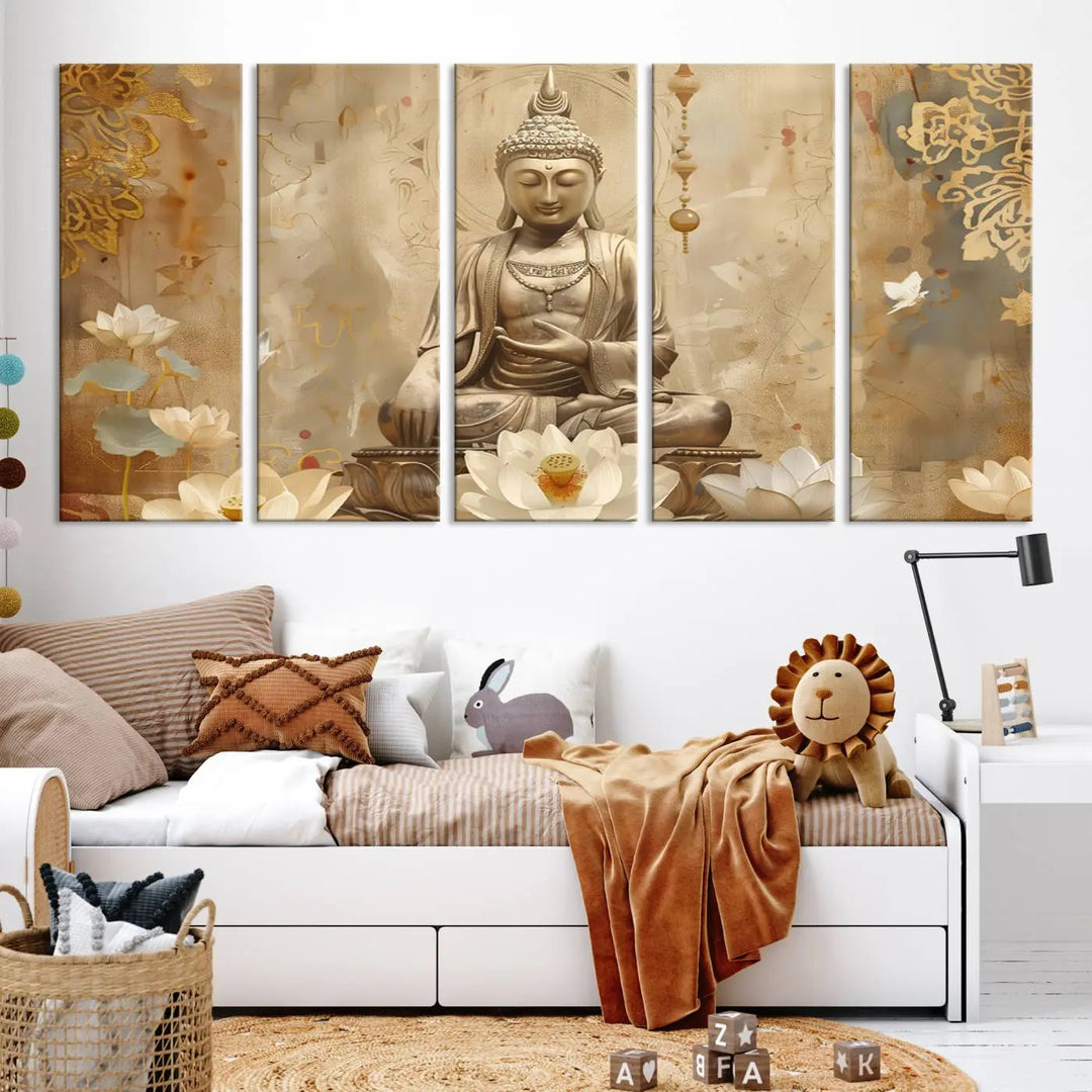 A peaceful Buddha Wall Art Canvas Print enhances the dark wall, creating an atmosphere of mindfulness.