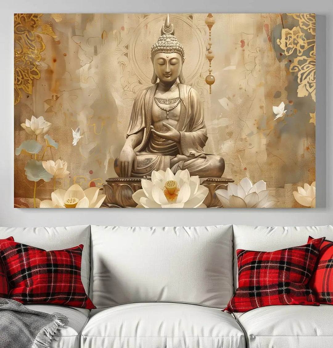 A peaceful Buddha Wall Art Canvas Print enhances the dark wall, creating an atmosphere of mindfulness.