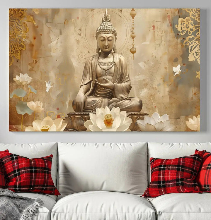 A peaceful Buddha Wall Art Canvas Print enhances the dark wall, creating an atmosphere of mindfulness.