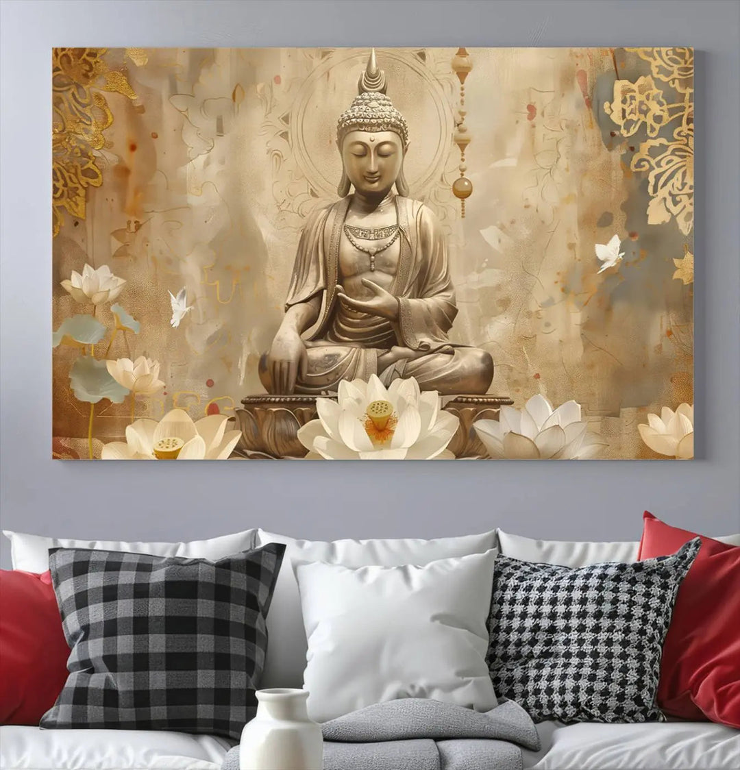 A peaceful Buddha Wall Art Canvas Print enhances the dark wall, creating an atmosphere of mindfulness.