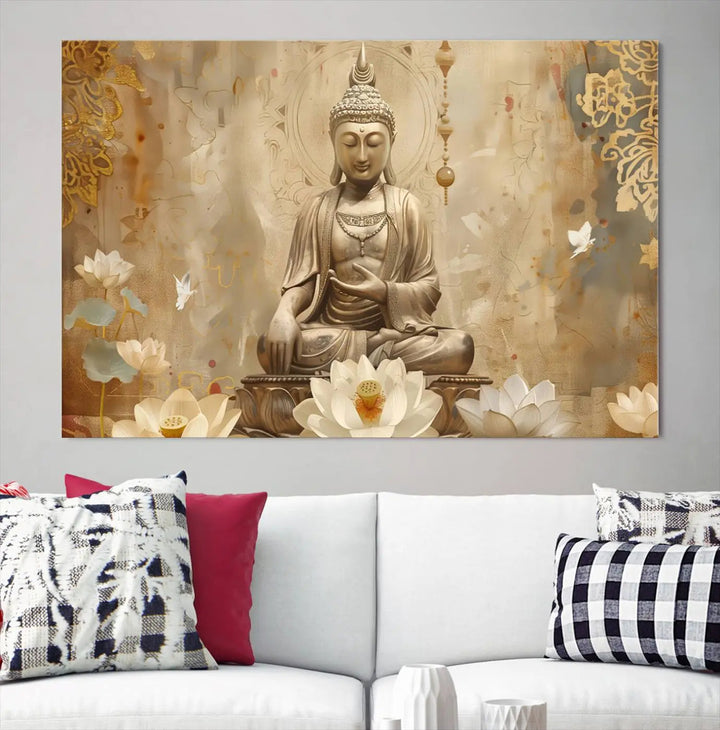 A peaceful Buddha Wall Art Canvas Print enhances the dark wall, creating an atmosphere of mindfulness.