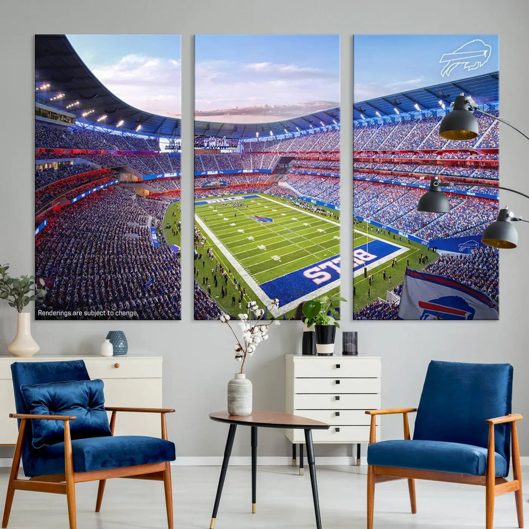 The modern dining room showcases a triptych featuring the Buffalo Bills Football Team Print on gallery-quality canvas, capturing the excitement of fans at Buffalo Highmark Stadium with an aerial view of the football field.