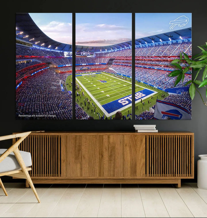 The modern dining room showcases a triptych featuring the Buffalo Bills Football Team Print on gallery-quality canvas, capturing the excitement of fans at Buffalo Highmark Stadium with an aerial view of the football field.