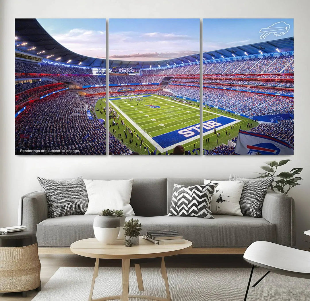 The modern dining room showcases a triptych featuring the Buffalo Bills Football Team Print on gallery-quality canvas, capturing the excitement of fans at Buffalo Highmark Stadium with an aerial view of the football field.