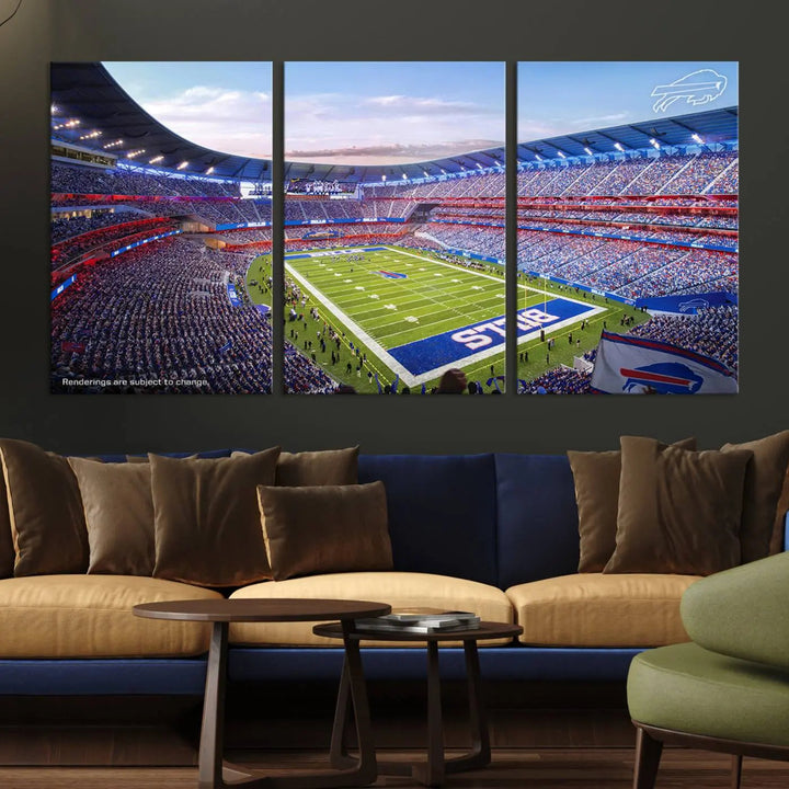 The modern dining room showcases a triptych featuring the Buffalo Bills Football Team Print on gallery-quality canvas, capturing the excitement of fans at Buffalo Highmark Stadium with an aerial view of the football field.