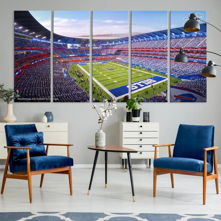 The modern dining room showcases a triptych featuring the Buffalo Bills Football Team Print on gallery-quality canvas, capturing the excitement of fans at Buffalo Highmark Stadium with an aerial view of the football field.