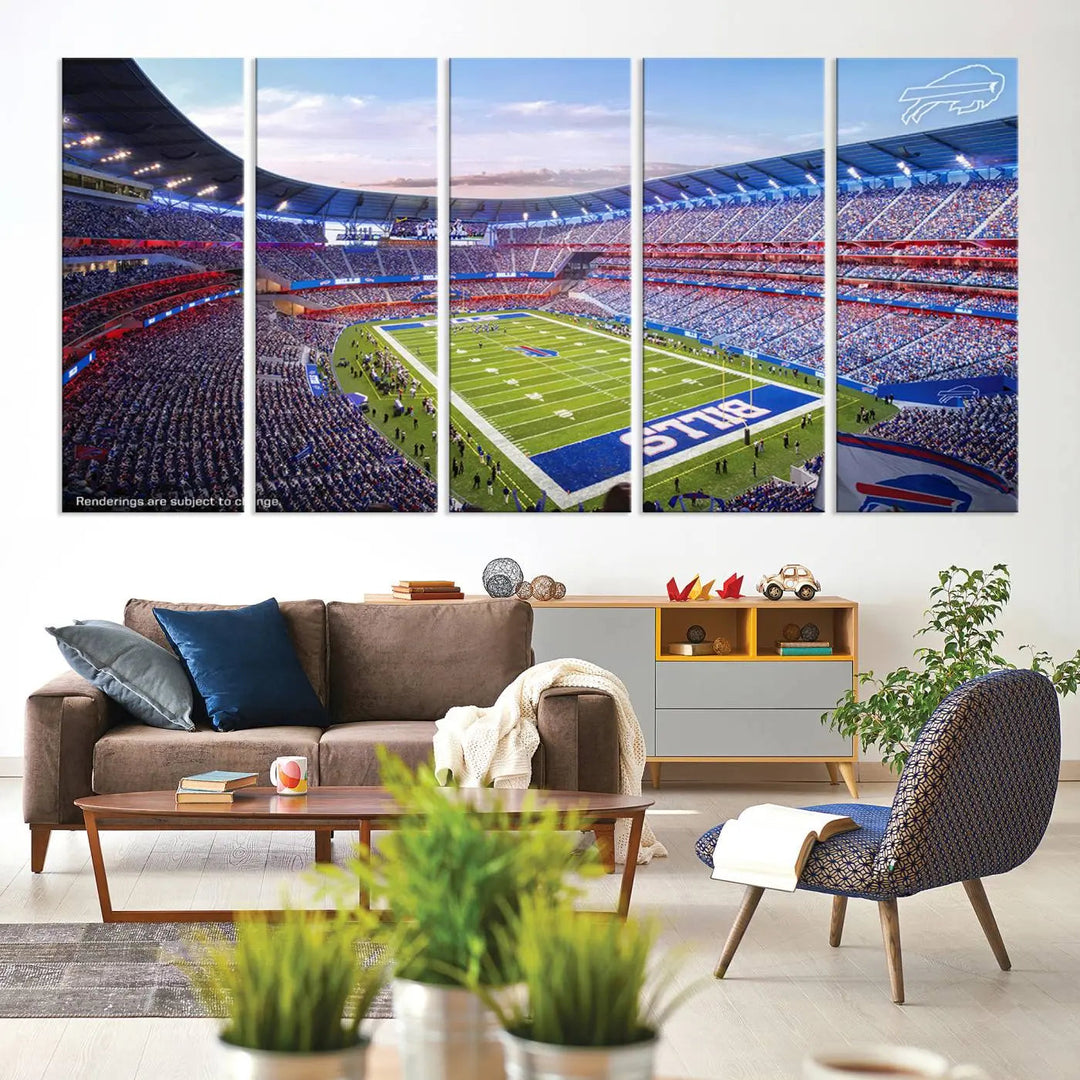 The modern dining room showcases a triptych featuring the Buffalo Bills Football Team Print on gallery-quality canvas, capturing the excitement of fans at Buffalo Highmark Stadium with an aerial view of the football field.