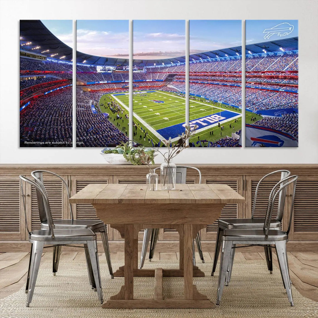 The modern dining room showcases a triptych featuring the Buffalo Bills Football Team Print on gallery-quality canvas, capturing the excitement of fans at Buffalo Highmark Stadium with an aerial view of the football field.