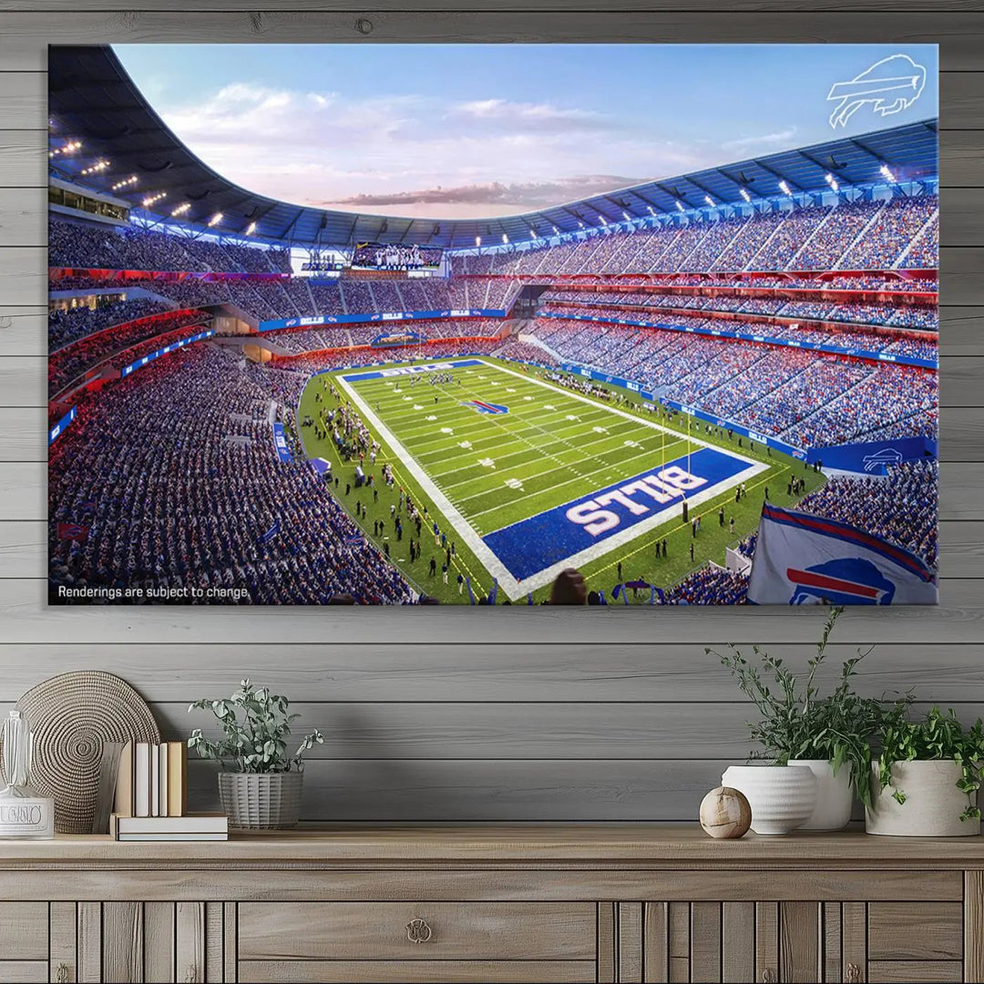 The modern dining room showcases a triptych featuring the Buffalo Bills Football Team Print on gallery-quality canvas, capturing the excitement of fans at Buffalo Highmark Stadium with an aerial view of the football field.