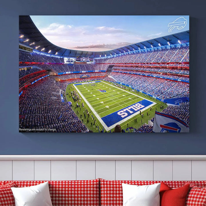 The modern dining room showcases a triptych featuring the Buffalo Bills Football Team Print on gallery-quality canvas, capturing the excitement of fans at Buffalo Highmark Stadium with an aerial view of the football field.