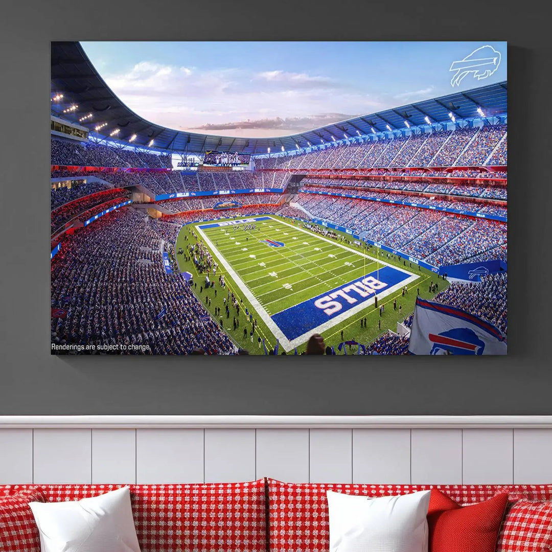 The modern dining room showcases a triptych featuring the Buffalo Bills Football Team Print on gallery-quality canvas, capturing the excitement of fans at Buffalo Highmark Stadium with an aerial view of the football field.