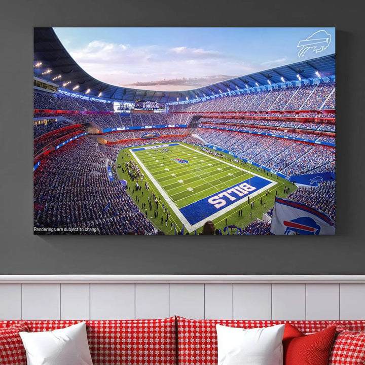 The modern dining room showcases a triptych featuring the Buffalo Bills Football Team Print on gallery-quality canvas, capturing the excitement of fans at Buffalo Highmark Stadium with an aerial view of the football field.