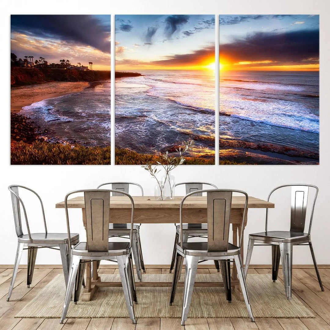 California coastline sunset canvas art featuring ocean waves and cliffs, printed with giclee technology and Canon print quality. Perfect for beach house decor.