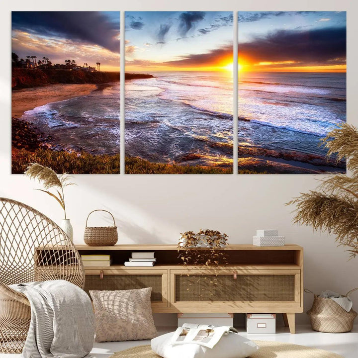 The California Coastline Sunset Canvas Art, featuring ocean waves crashing on cliffs, is presented as a large, framed giclee canvas print. This stunning piece is the perfect complement to any coastal interior.