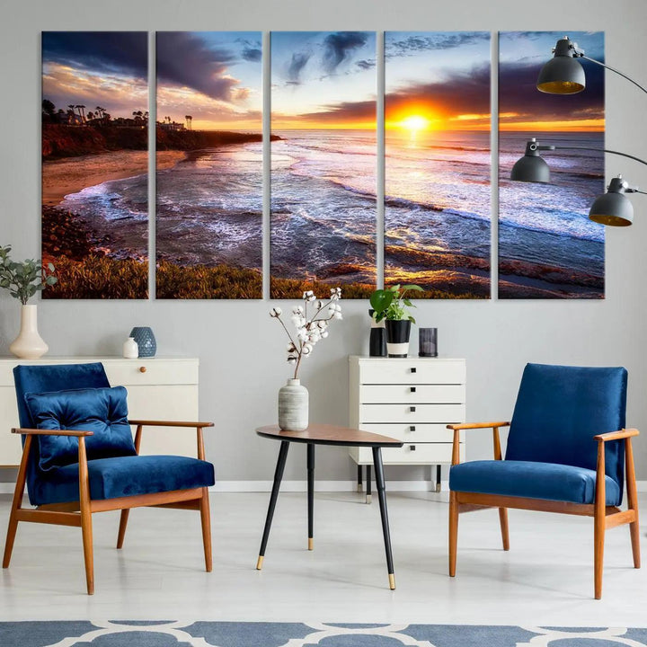 California coastline sunset canvas art featuring ocean waves and cliffs, printed with giclee technology and Canon print quality. Perfect for beach house decor.