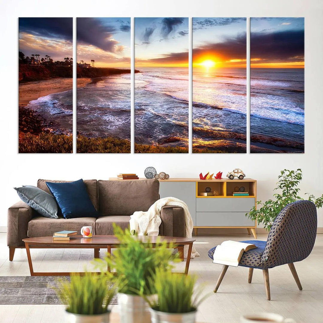 California coastline sunset canvas art featuring ocean waves and cliffs, printed with giclee technology and Canon print quality. Perfect for beach house decor.