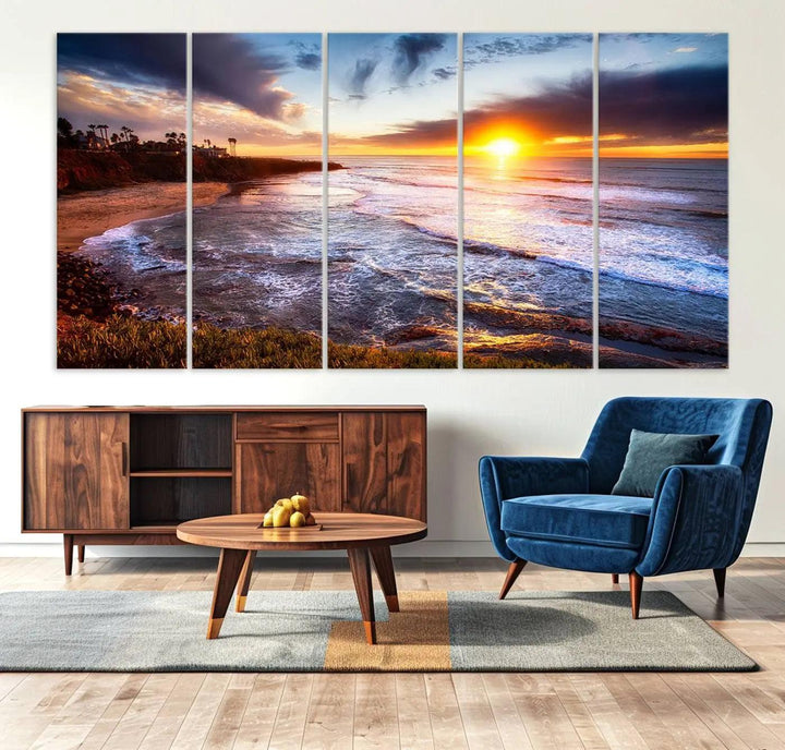 California coastline sunset canvas art featuring ocean waves and cliffs, printed with giclee technology and Canon print quality. Perfect for beach house decor.