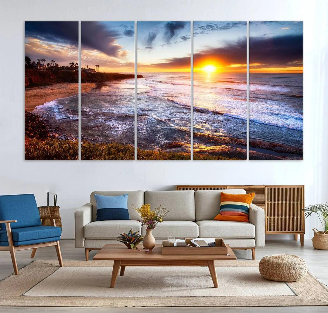 The California Coastline Sunset Canvas Art, featuring ocean waves crashing on cliffs, is presented as a large, framed giclee canvas print. This stunning piece is the perfect complement to any coastal interior.