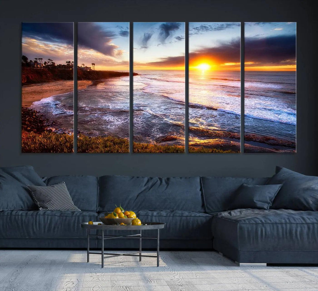 The California Coastline Sunset Canvas Art, featuring ocean waves crashing on cliffs, is presented as a large, framed giclee canvas print. This stunning piece is the perfect complement to any coastal interior.