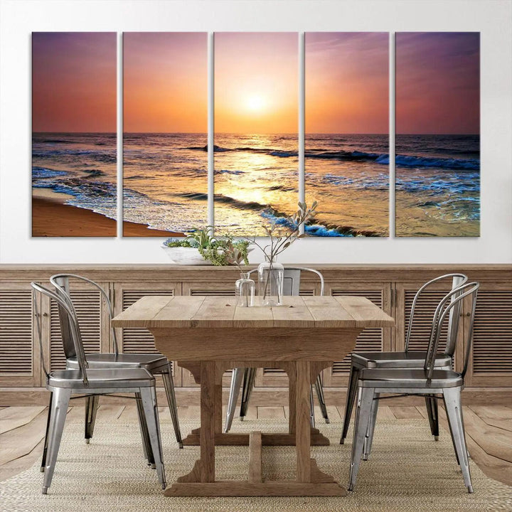 A cozy living room features the breathtaking California Coastline Sunset Canvas Art, capturing ocean waves crashing on cliffs to create the perfect coastal ambiance.