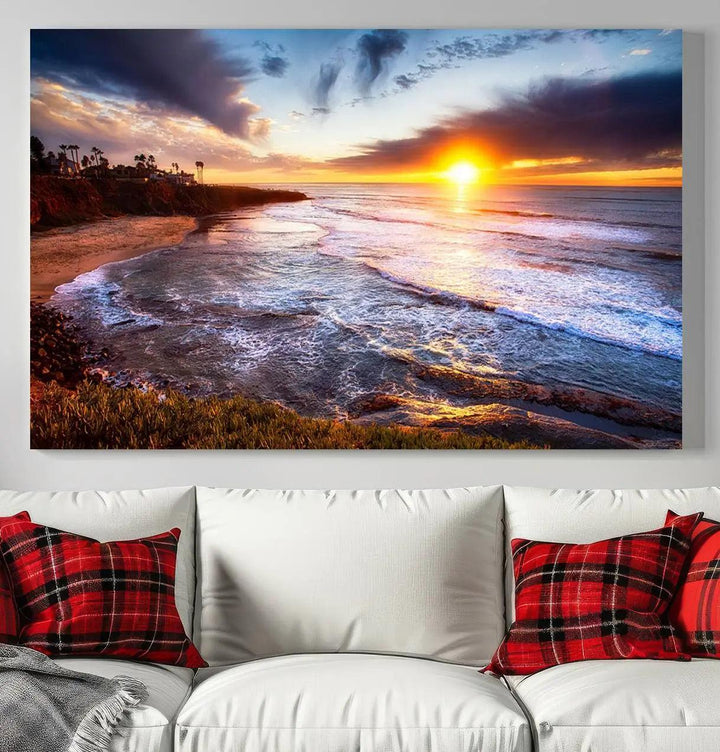 The California Coastline Sunset Canvas Art, featuring ocean waves crashing on cliffs, is presented as a large, framed giclee canvas print. This stunning piece is the perfect complement to any coastal interior.