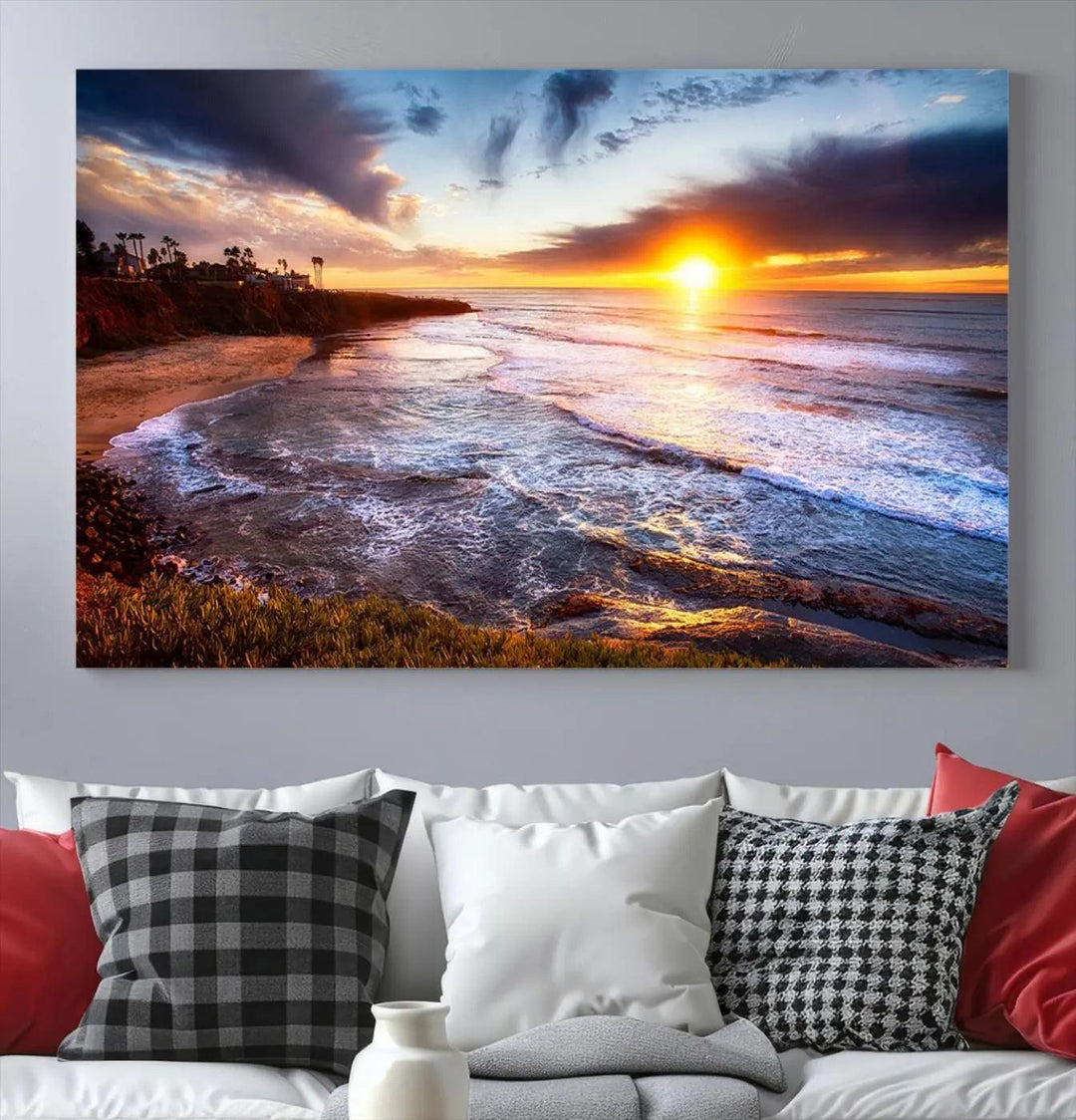 The California Coastline Sunset Canvas Art, featuring ocean waves crashing on cliffs, is presented as a large, framed giclee canvas print. This stunning piece is the perfect complement to any coastal interior.