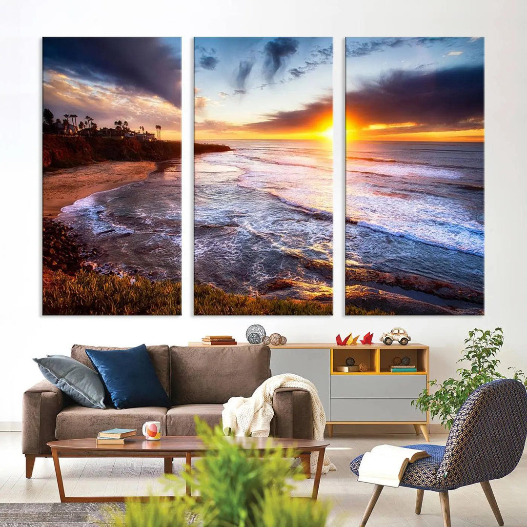 The California Coastline Sunset Canvas Art, featuring ocean waves crashing on cliffs, is presented as a large, framed giclee canvas print. This stunning piece is the perfect complement to any coastal interior.