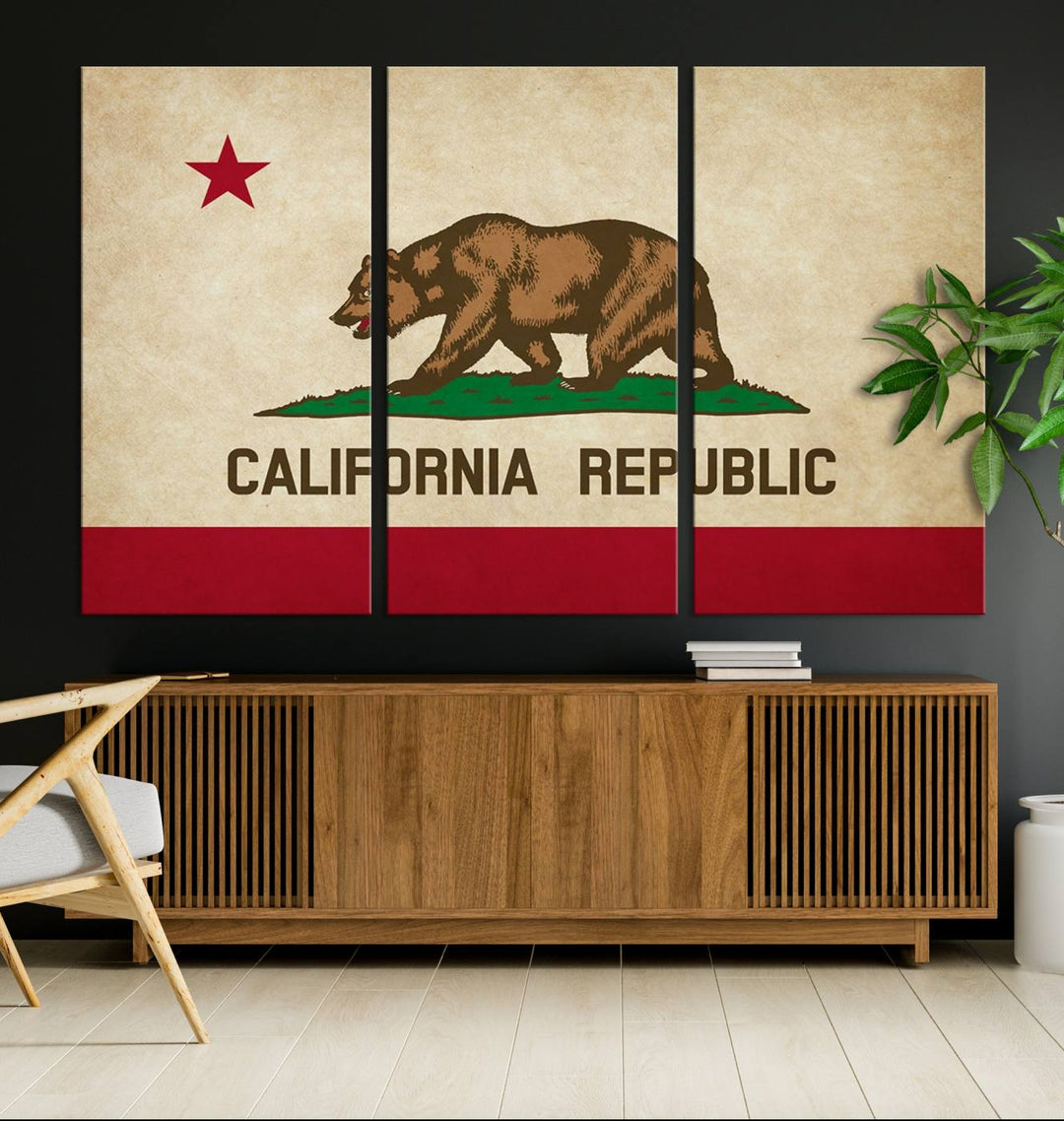 The Calinia States Flag Wall Art Canvas Print, featuring a bear and star design reminiscent of the California Republic flag, is crafted on museum-quality polycotton canvas with a UV-protective coating and is proudly made in the USA.