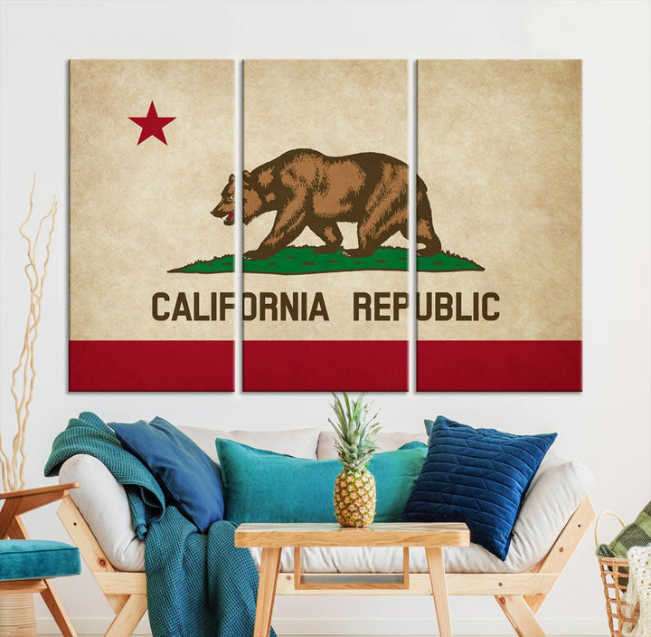 The Calinia States Flag Wall Art Canvas Print, featuring a bear and star design reminiscent of the California Republic flag, is crafted on museum-quality polycotton canvas with a UV-protective coating and is proudly made in the USA.