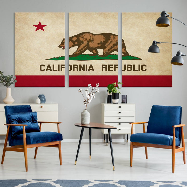 The Calinia States Flag Wall Art Canvas Print, featuring a bear and star design reminiscent of the California Republic flag, is crafted on museum-quality polycotton canvas with a UV-protective coating and is proudly made in the USA.