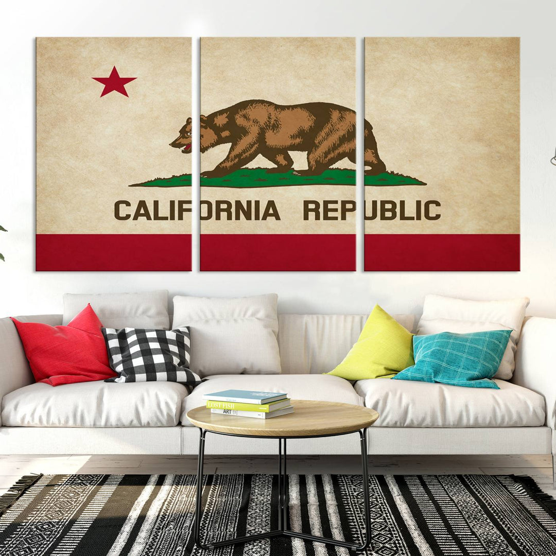 The Calinia States Flag Wall Art Canvas Print, featuring a bear and star design reminiscent of the California Republic flag, is crafted on museum-quality polycotton canvas with a UV-protective coating and is proudly made in the USA.