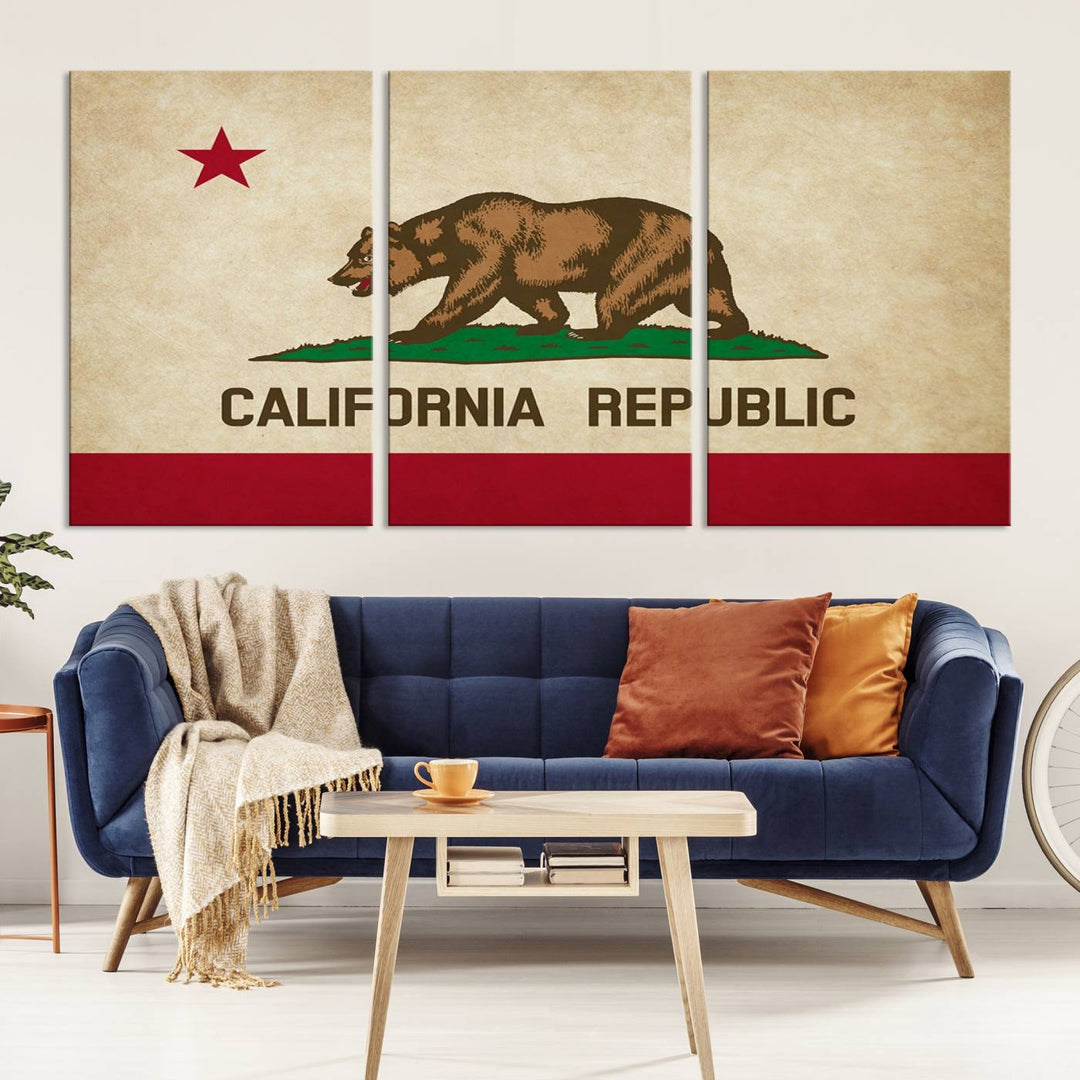 The Calinia States Flag Wall Art Canvas Print, featuring a bear and star design reminiscent of the California Republic flag, is crafted on museum-quality polycotton canvas with a UV-protective coating and is proudly made in the USA.