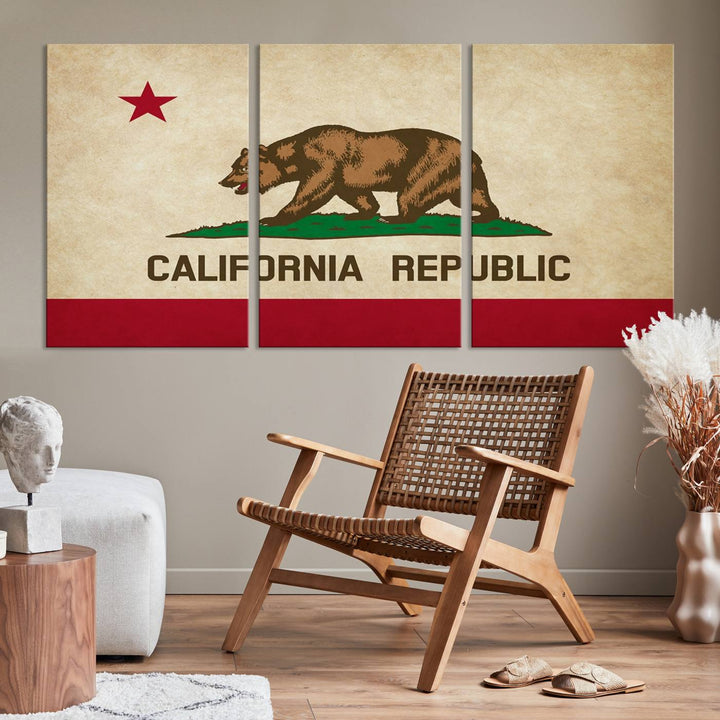 The Calinia States Flag Wall Art Canvas Print, featuring a bear and star design reminiscent of the California Republic flag, is crafted on museum-quality polycotton canvas with a UV-protective coating and is proudly made in the USA.