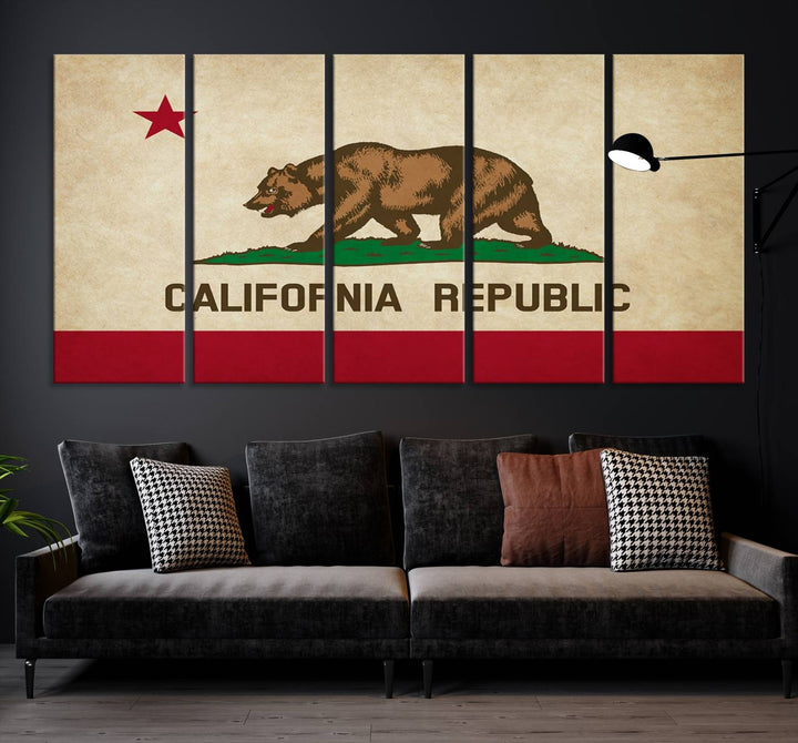 The Calinia States Flag Wall Art Canvas Print, featuring a bear and star design reminiscent of the California Republic flag, is crafted on museum-quality polycotton canvas with a UV-protective coating and is proudly made in the USA.