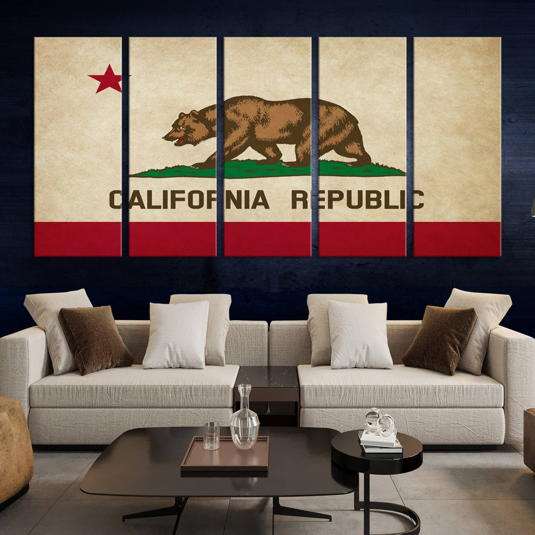 The Calinia States Flag Wall Art Canvas Print, featuring a bear and star design reminiscent of the California Republic flag, is crafted on museum-quality polycotton canvas with a UV-protective coating and is proudly made in the USA.