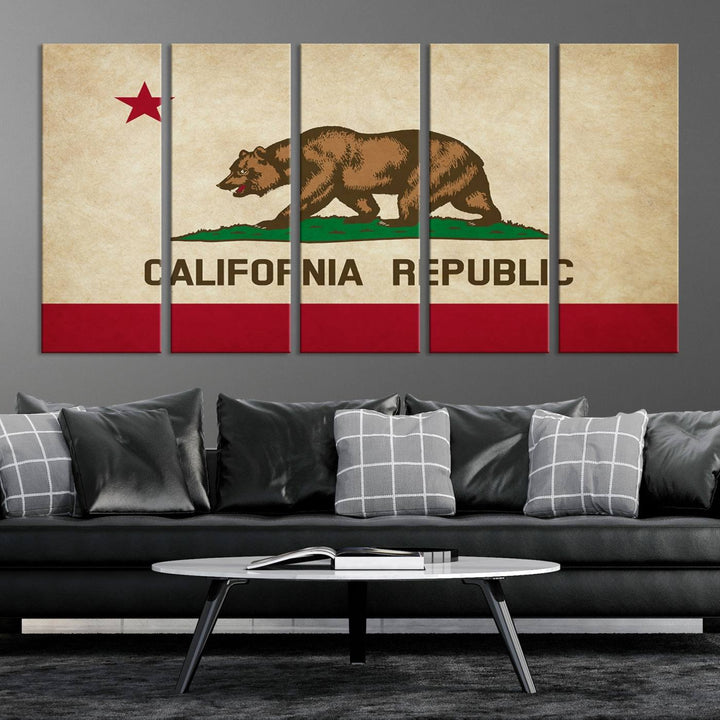 The Calinia States Flag Wall Art Canvas Print, featuring a bear and star design reminiscent of the California Republic flag, is crafted on museum-quality polycotton canvas with a UV-protective coating and is proudly made in the USA.