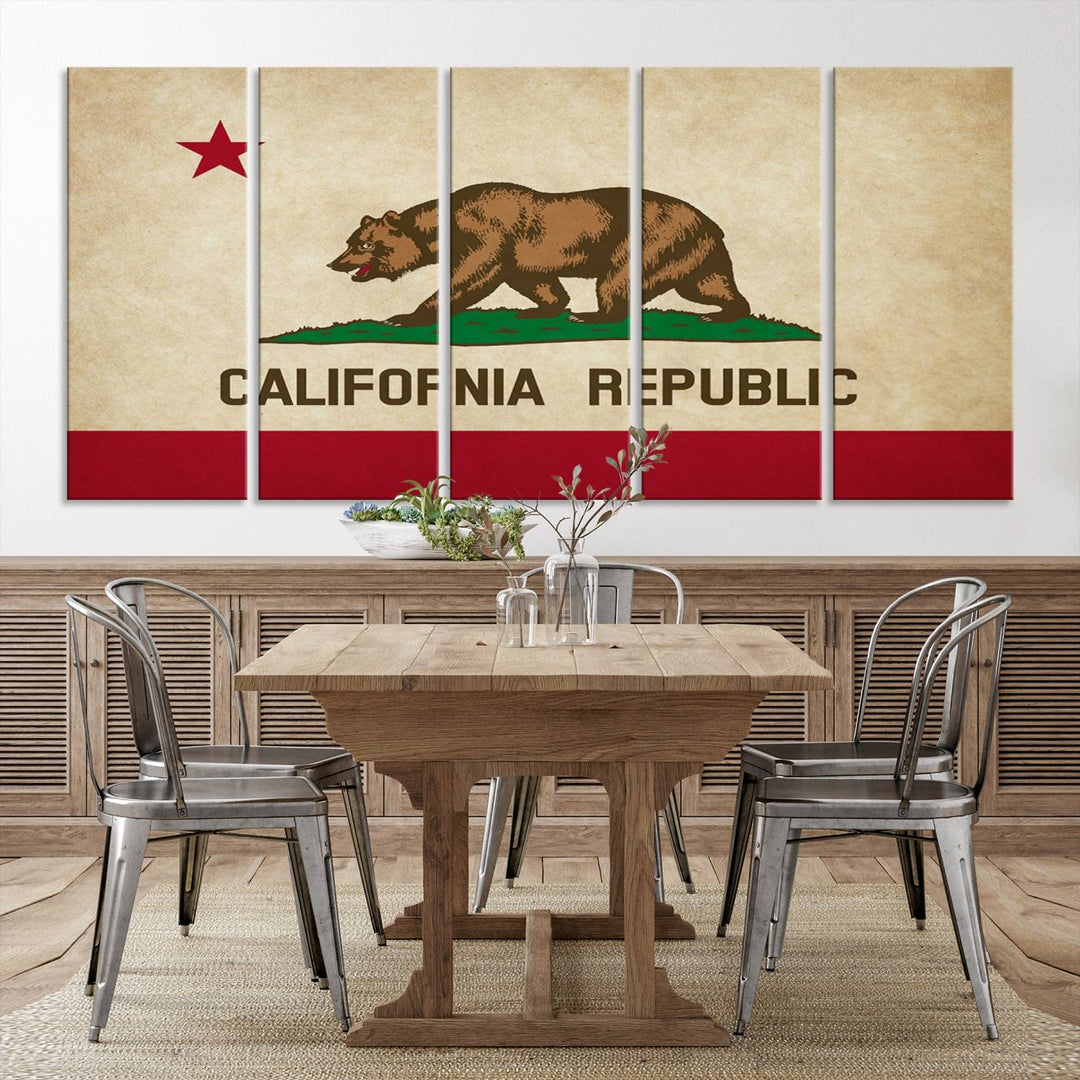 The Calinia States Flag Wall Art Canvas Print, featuring a bear and star design reminiscent of the California Republic flag, is crafted on museum-quality polycotton canvas with a UV-protective coating and is proudly made in the USA.