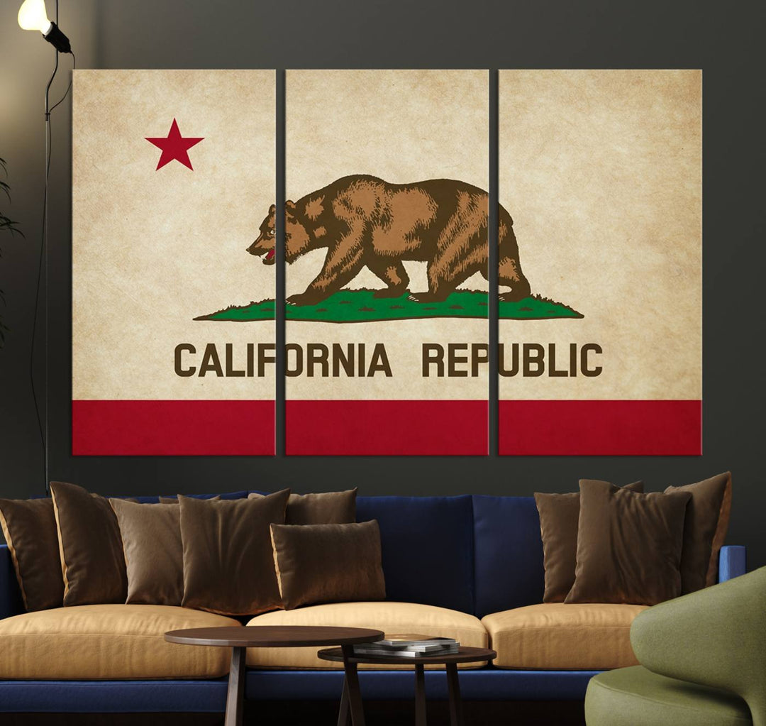 The Calinia States Flag Wall Art Canvas Print, featuring a bear and star design reminiscent of the California Republic flag, is crafted on museum-quality polycotton canvas with a UV-protective coating and is proudly made in the USA.