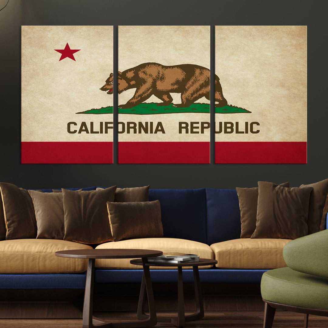 The Calinia States Flag Wall Art Canvas Print, featuring a bear and star design reminiscent of the California Republic flag, is crafted on museum-quality polycotton canvas with a UV-protective coating and is proudly made in the USA.