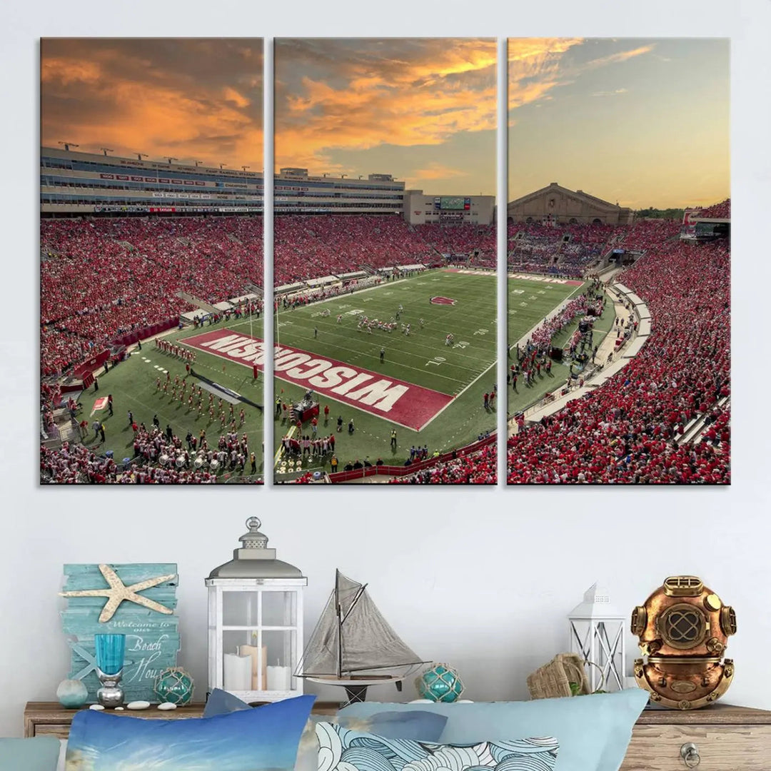 A captivating Camp Randall Stadium Wisconsin Badgers Large Wall Art Canvas Print, showcasing a sunset scene, beautifully captures the essence of college football spirit.