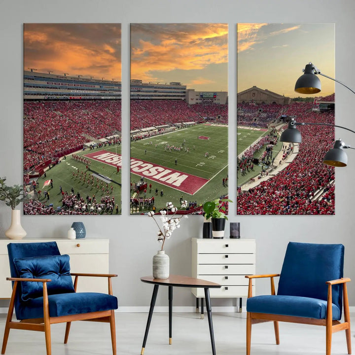 A captivating Camp Randall Stadium Wisconsin Badgers Large Wall Art Canvas Print, showcasing a sunset scene, beautifully captures the essence of college football spirit.