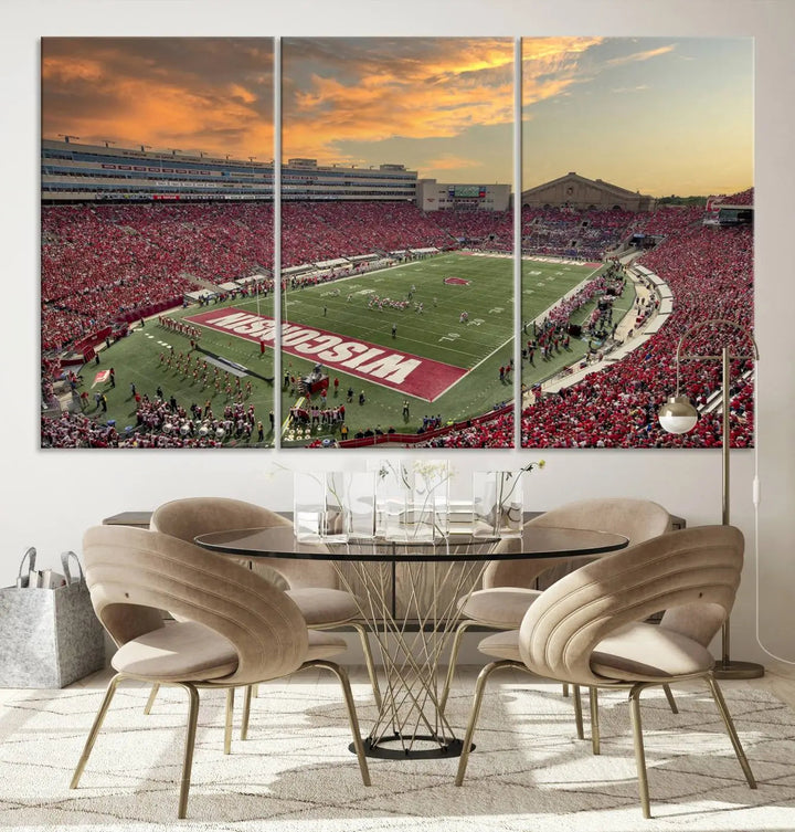 A captivating Camp Randall Stadium Wisconsin Badgers Large Wall Art Canvas Print, showcasing a sunset scene, beautifully captures the essence of college football spirit.