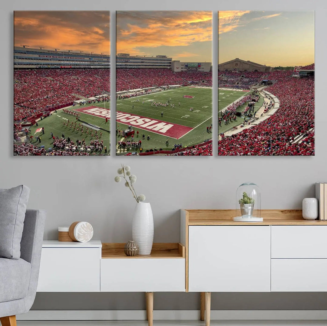 A captivating Camp Randall Stadium Wisconsin Badgers Large Wall Art Canvas Print, showcasing a sunset scene, beautifully captures the essence of college football spirit.