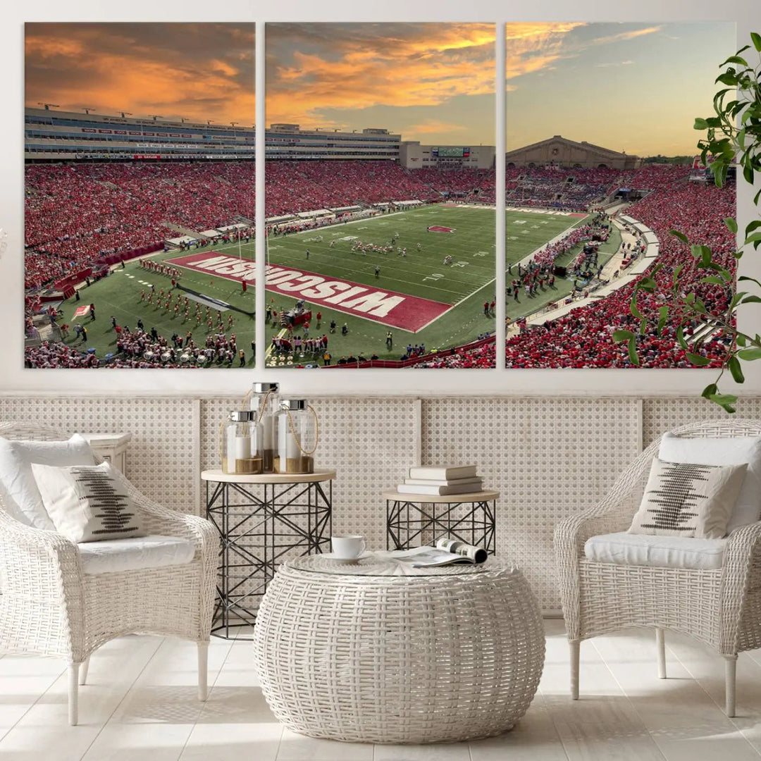 A captivating Camp Randall Stadium Wisconsin Badgers Large Wall Art Canvas Print, showcasing a sunset scene, beautifully captures the essence of college football spirit.